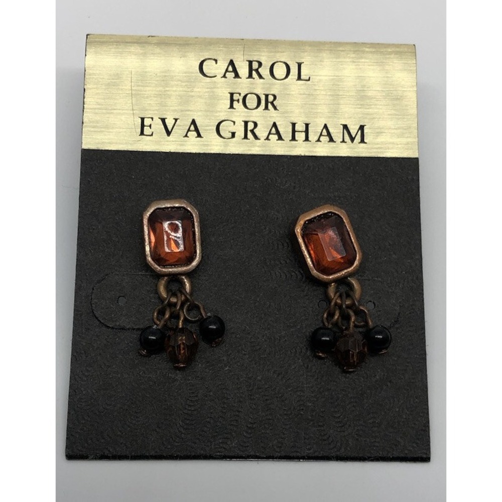 NWT Carol for Eva Graham Pierced Earrings Orange Dark Ruby Brass Tone Dangle‎